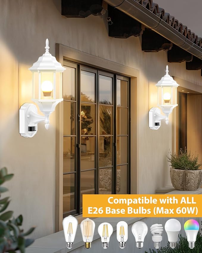 Redluck Motion Sensor Outdoor Wall Light Fixtures, 2 Pack Outdoor Wall Lamp | Dusk to Dawn, Anti-Rust, Waterproof Aluminum Frame, Tempered Glass & Classic Exterior Porch Lights for House Garage, White