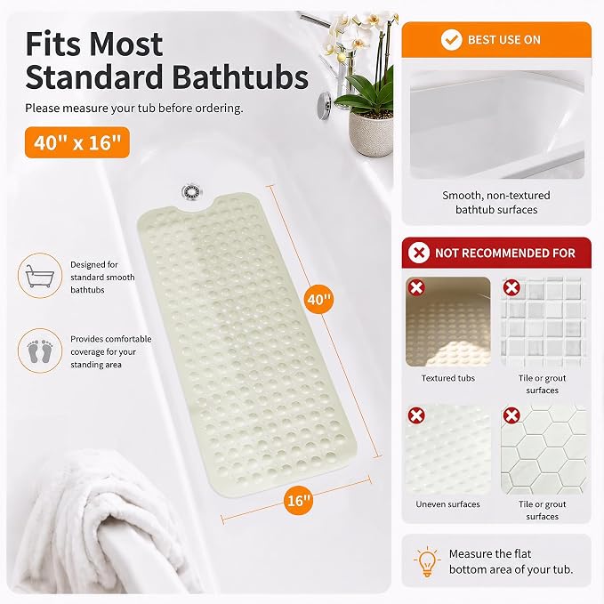 Yimobra Non Slip Bathtub Mat 40 x 16 Inch, Extra Long Shower Mat with Drain Holes, Machine Washable Baby Bath Mats, Strong Suction Cups for Bathroom Floor, Beige