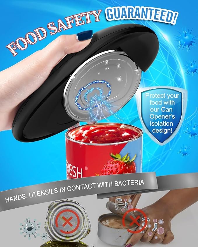 Electric Can Opener, A Touch Automatic Hands Free Can Opener with Smooth Edge, Battery Operated, Safe & Easy for Seniors with Arthritis, Kitchen, Left-Handed & Weak Hands (Black)