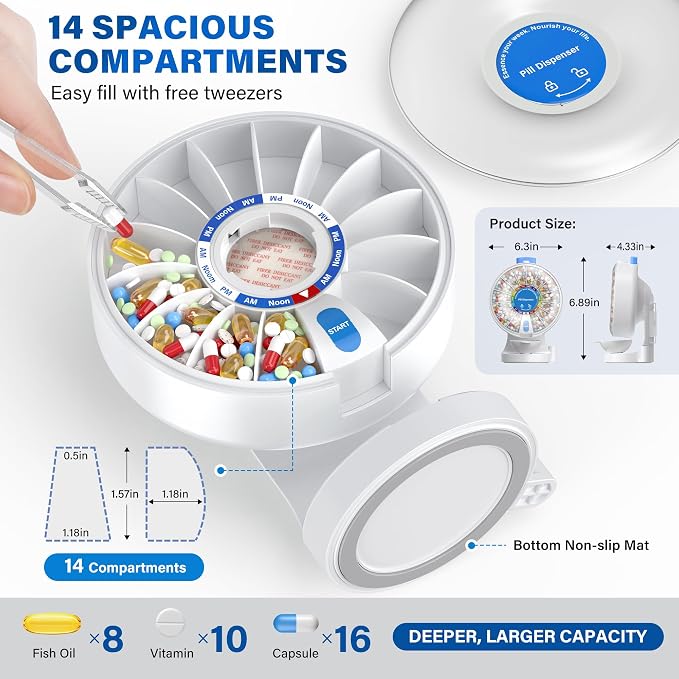 200000 Push Button Test Weekly (14 Days) Large Pill Dispenser Organizer | One Push Button, Magnetic Medicine Bowl, Child Lock, Wall-Mounted, Standing Use, for Vitamin, Medicine, Elderly, Pet Green