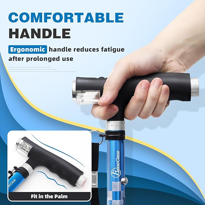 BeneCane Walking Cane for Women Folding Cane for Men with Two Led Lights Quad Cane with Stable Base Lightweight and Adjustable Walking Stick