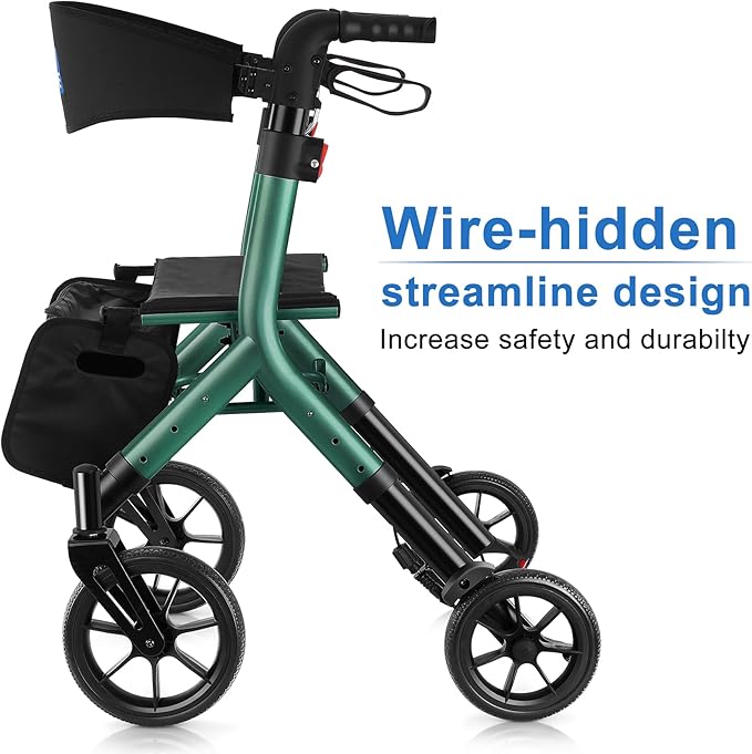 WALK MATE Rollator Walker for Seniors Taller 5.3~7ft with Height-Adjustable Seat, 10 Inch Wheels Wire-Hidden Walkers Compact Folding Design Lightweight Mobility Walking Aid Widen Backrest, Green