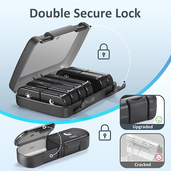 Fullicon Extra Large AM PM Pill Box Organizer 7 Day, Travel Medicine Pill Organizer 2 Times a Day, Large Supplement Vitamin Dispenser, Weekly Jumbo Pill Case Container for Purse (Black)