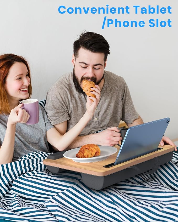 HETTHI Portable Lap Desk, Laptop Stand for Bed with Soft Wrist Rest, Tablet/Phone Slot, Fabric Handle, Laptop Bed Desk with Cushion (Light Brown)