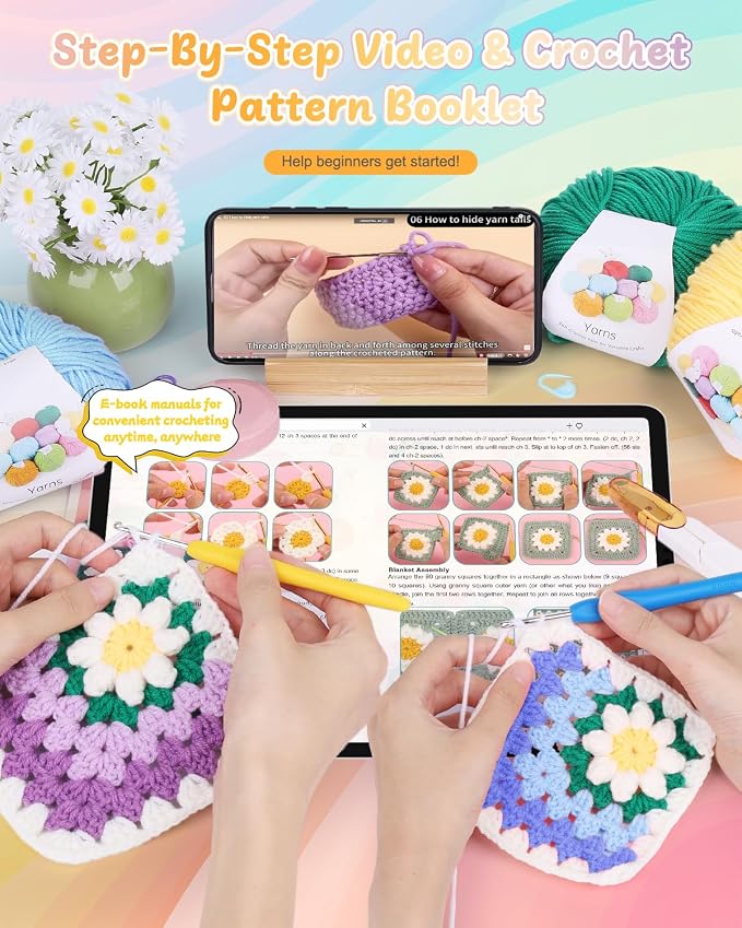 Coopay Crochet Blanket Kit for Beginners, Easy 3D Granny Square Blanket Kit | Crochet Kit W/Video Tutorial & Digital Instructions, All Accessories Included, Easy Knitting to Create Granny Square Blanket