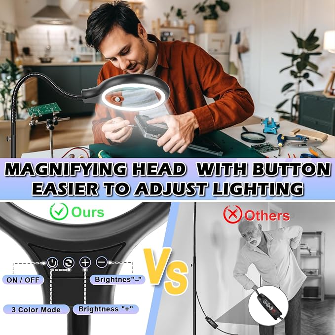 10X 30X Large Floor Magnifying Glass with Light and Stand,36 LED Flexible Gooseneck Floor Magnifying Lamp, Lighted Magnifiers for Reading,Sewing,Crafts,Painting,DIY,Close Work,Repair