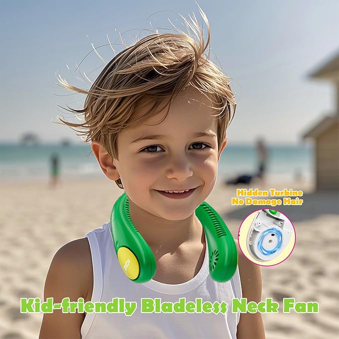 Kids Neck Fan, Portable Bladeless Neck Fan for Kids 4-14Y, 2600mAh Rechargeable Wearable Fan for Girls Boys, 4 Speeds Lightweight Quiet Cooling Fan for Study, Camping, Travel, Summer Essential