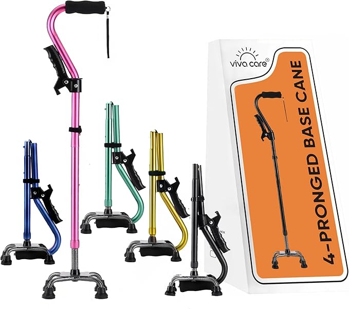 VIVA CARE Walking Cane with 4 Prongs and Extra Side Handle – Adjustable, for Balance & Stability for Adults, Seniors, and Injured.