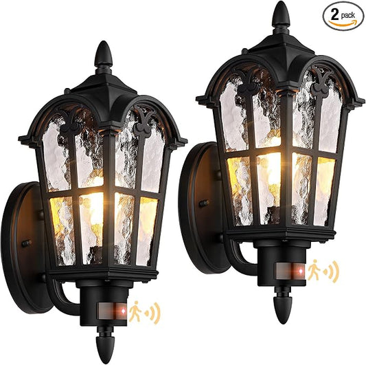 2-Pack 16” Large Motion Sensor Outdoor Wall Lights, Black | Auto ON/OFF, 3 Lighting Modes, Waterproof, Rust-Resistant, Durable Metal & Water Ripple Glass, Vintage Style, Easy to Install