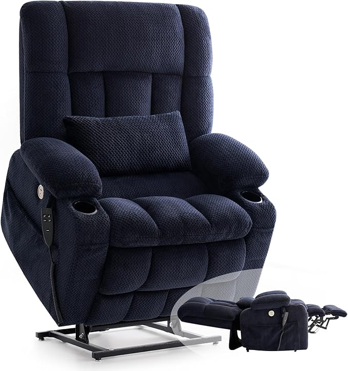 Dual Motor Power Lift Recliner Chair for Elderly, Infinite Position Lift Chair for Elderly W/Massage & Heat, Lay Flat Lift Recliner With Cup Holders, One-Touch Reset, Lumbar Pillow, Fabric (Navy)