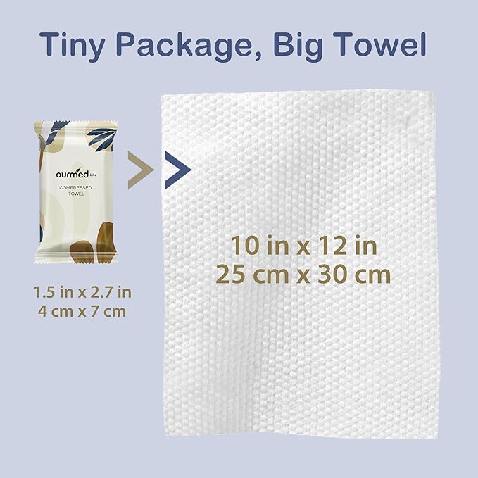 Ourmed Life Compressed Towel Tablets – Portable, Individually Wrapped Disposable Face Towels, Quickly Expand with Water, Soft & Lint-Free, 12‘’x10‘’ for Travel, Camping, Hiking, Backpacking (112 Ct)