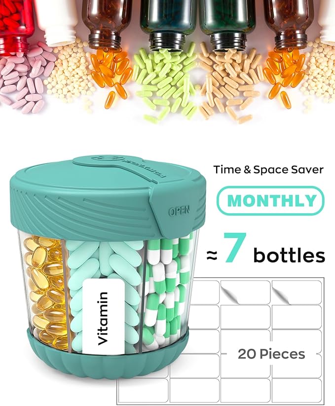 Cute Pill Dispenser with 7 Large Compartments, Portable Pill Bottle Organizer with Wide Opening for Travel, Anti-Mixing Pill Container, Shatterproof BPA-Free, Includes 20 Pcs Labels, Cyan