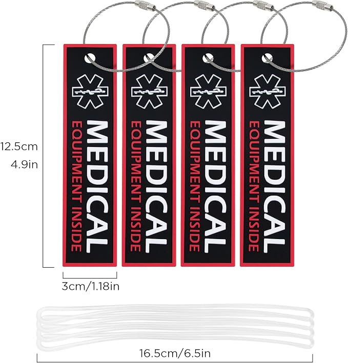 4pck-CPAP & Medical Equipment Alert Tags, Durable PVC Medical Luggage Flight Tags for Travel, Mobility Device & Unique Identification(4.9inch*1.18inch)