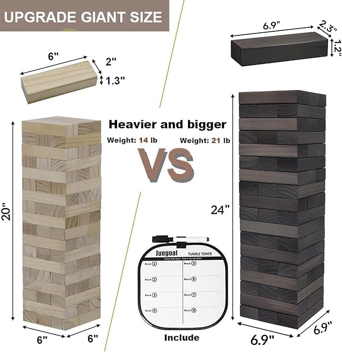 Juegoal 54 Piece Giant Tumble Tower Grey for Adult Kids Family, Wooden Block Stacking Game with Gameboard & Canvas Bag, Outdoor Games for Backyard Lawn Party Playing, 6.9 x 6.9 x 24 Inches,X-Large