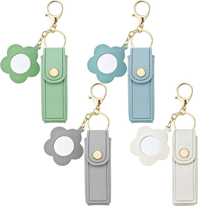 Arvintas 4 PACK PU Leather Potable Chapstick Holder Key Chain Bulk with Mirror, Lipstick Keychain, Lip Balm Organizer Holder Lipstick Travel Makeup Storage Case for Women Girls (Style 5)