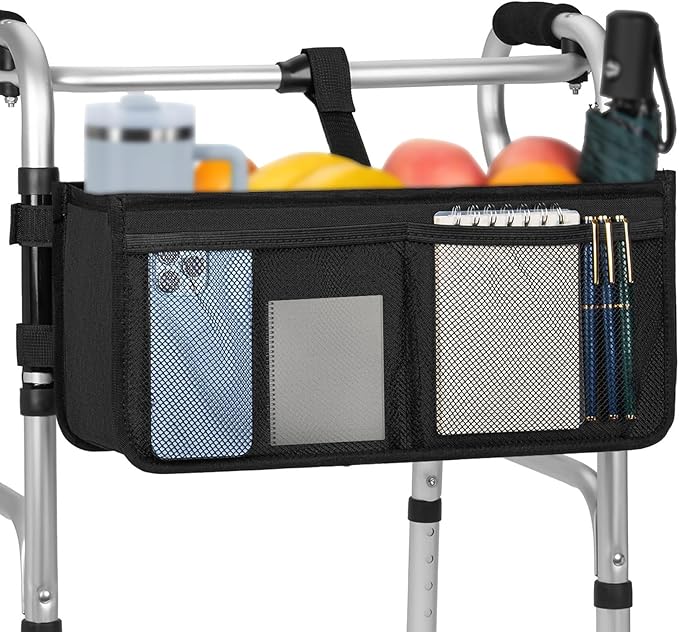 FREEAMG Walker Basket for Folding Walker, Large Capacity Foldable Walker Bag, Walker Storage Bag With Cup Holder, Detachable Walker Accessories Basket for Seniors (Black)