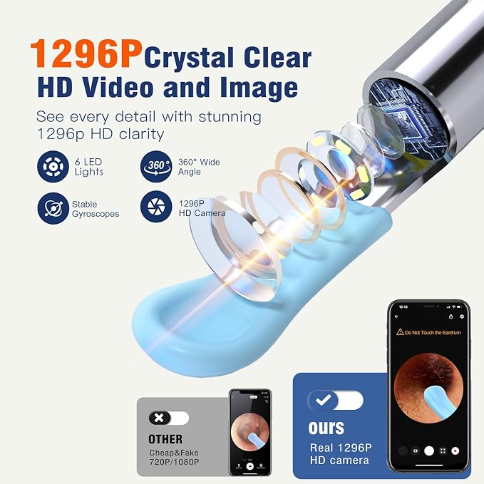 2-in-1 Visual Ear Wax Removal & Nose Hair Trimmer, 1296P HD Ear Cleaner with AI Eardrum Alert, Smart Anti-Pinch, 360° Rounded Blades, IP67 Waterproof, APP Visual Camera for Men, Women & Family Use