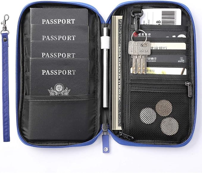 VanFn RFID Travel Passport Wallet, Family Passport Holder, Trip Document Organizer P.Travel Series (Nylon - Blue)