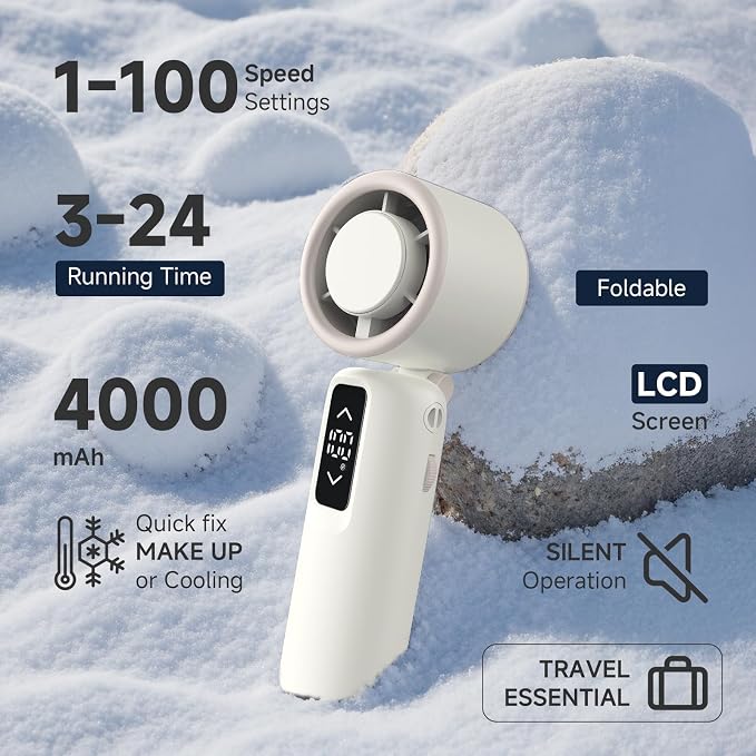 Portable Handheld Turbo Fan, 1-100 Gear Wind, Battery Operated, Up to 23 Working Hours, 3 IN 1 Personal Fan with Air Turbo Tech, Cooling Essentials for Indoor/Outdoor(White)