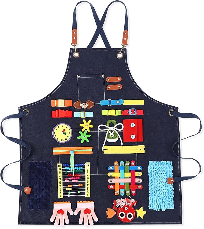 Fidget Apron for Elderly Fidget Blanket for Dementia Alzheimer's Therapy Activity Apron Anxiety Relief supplies(Dark Blue)