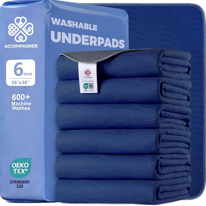 Accompagner Incontinence Bed Pads Washable Waterproof, Ultra-Absorbent Reusable Underpads for Diaper Changing, Nursing, Bedridden, Adults, Seniors, Kids and Dogs (Navy, 36"x36"(Pack of 6))