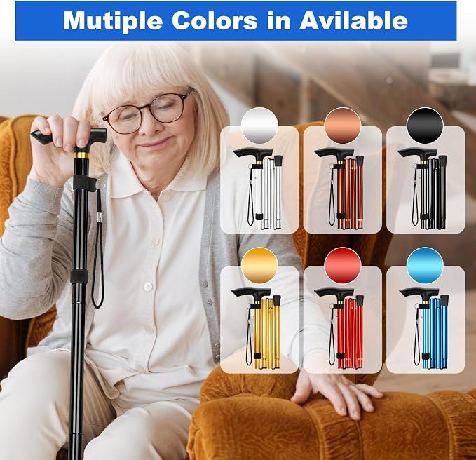 MFE Folding Cane, Portable 5-Level Adjustable Height Walking Stick with Foldable Design, Wrist Strap, and T Handle for Men and Women