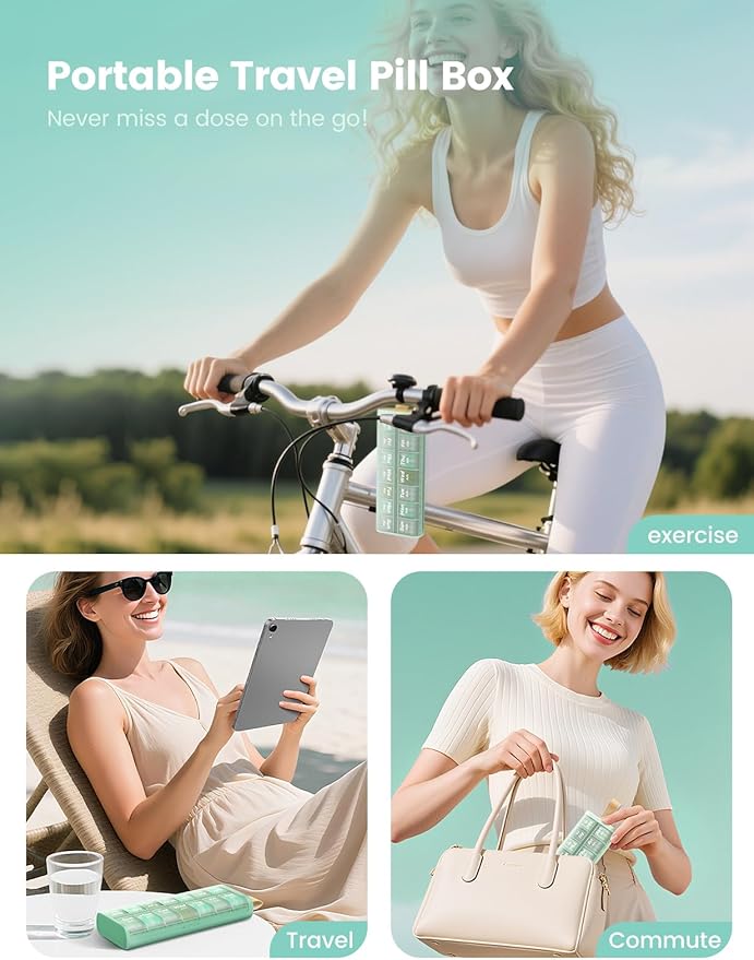 Weekly AM PM Pill Organizer 7 Day, Large 2 Times a Day Pill Box Case with Carry Handle, Moisture-Proof Desiccant & Secure Easy-Open Lids for Vitamins and Supplements