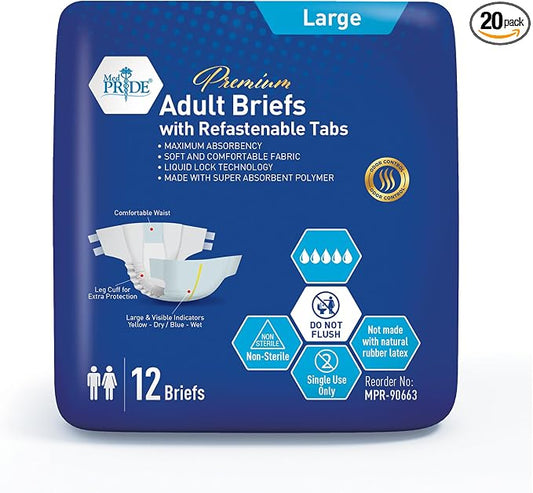 MED PRIDE Maximum Absorbency Adult Briefs for Incontinence with Refastenable Tabs - Ultra-Absorbent Adult Diapers for Men & Women- Bladder Control Unisex Disposable Underwear (Large - Bag of 12)