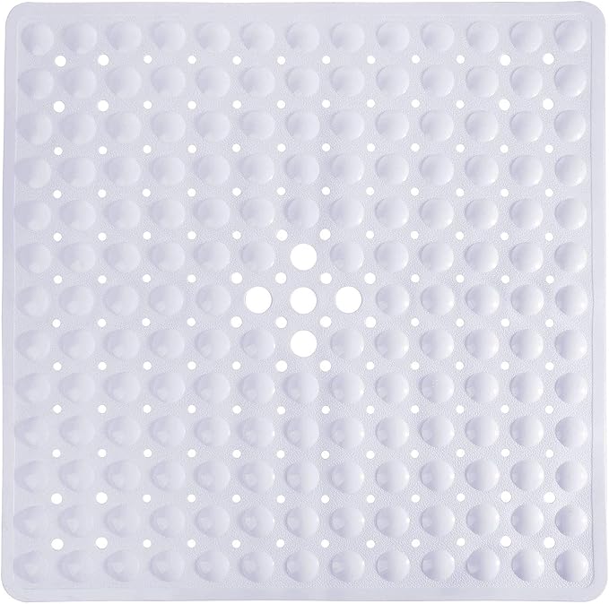 Yimobra Shower Stall Mat Non Slip, 21x21 Inch, Soft Square Bath Mat for Shower with Suction Cups and Drain Holes, Stall Floor Mats for Bathroom, Machine Washable, Bathroom Accessories, White