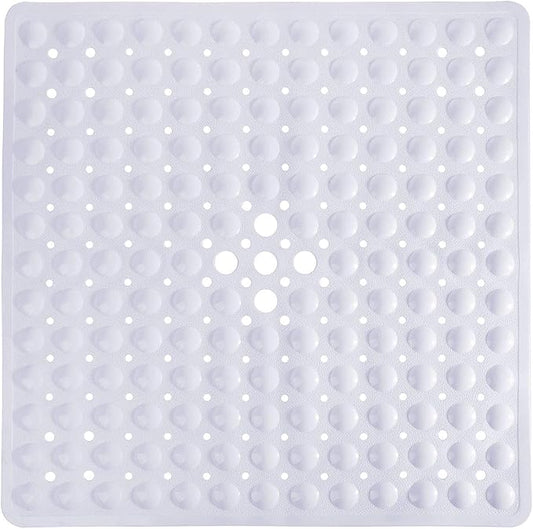 Yimobra Shower Stall Mat Non Slip, 21x21 Inch, Soft Square Bath Mat for Shower with Suction Cups and Drain Holes, Stall Floor Mats for Bathroom, Machine Washable, Bathroom Accessories, White