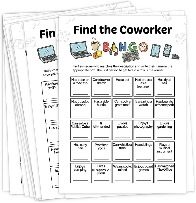 Team Building Games for Work Adults – Find Someone Who Bingo Game, 25 Unique Human Bingo Cards 5x7 Inch, Ice Breaker & Office Games for Parties, Meetings & Events - A04