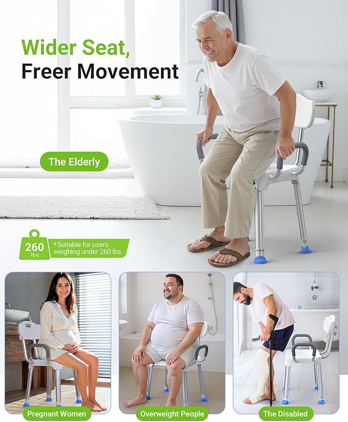 Widened Shower Chair for Inside Shower with Back & Arms,400 lbs Heavy Duty & Adjustable Shower Chair for Elderly and Disabled, Non-Slip Shower Seat, Tub Bath Chair, Tool-Free