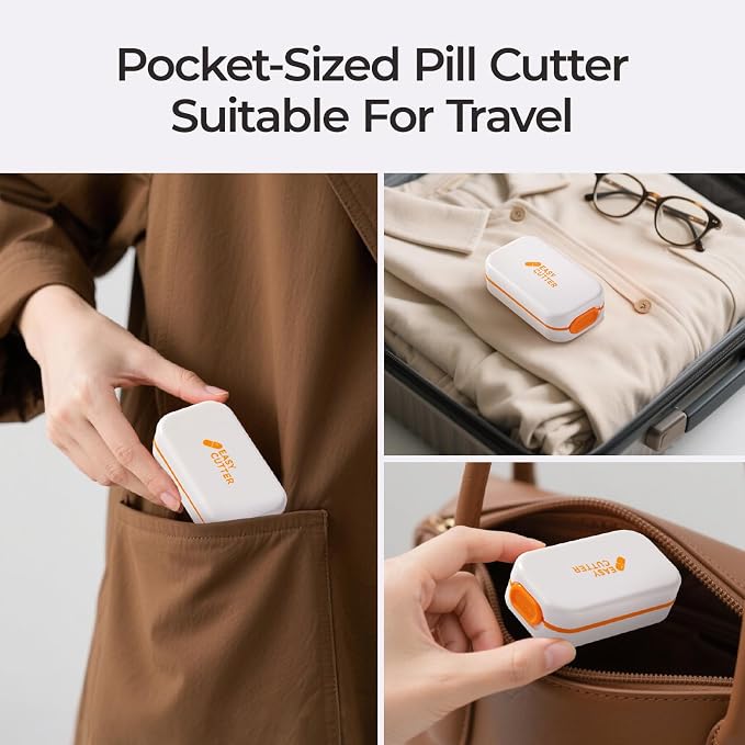 Portable Pill Cutter for Small & Large Pills - Precise Pill Splitter for Tiny Tablets, Vitamins & Capsules - Compact Design for Purse, Pocket & Travel - Sharp Blade & Easy Clean (Orange)