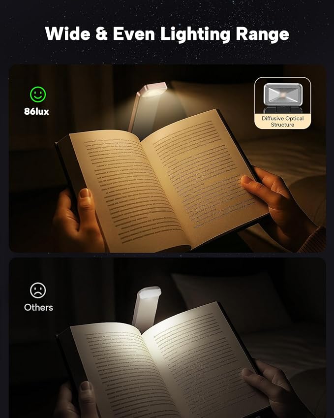 86lux Book Light, Rechargeable Clip-On LED Reading Light for Bed & Night Use - 3 Color Temperatures with Stepless Dimming, Ultralight Bookmark Design for Kids, Book Lovers, Pink Brown