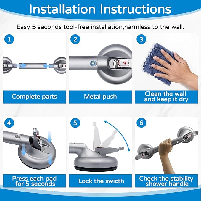 Suction Grab Bar for Shower Bathtub: Upgraded Heavy Duty Non-Slip Grip Handle with Strong Suction Cup for Bathroom Wall, Max Load 269LBS Safety Bar for Elderly Senior Disabled Handicap 17 Inch Silver