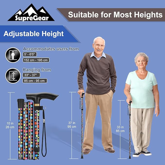 supregear Folding Cane, 5-Level Adjustable Height Walking Stick Lightweight Collapsible Portable Travel Cane with Wrist Strap and T Handle for Elderly Disabled Men Women