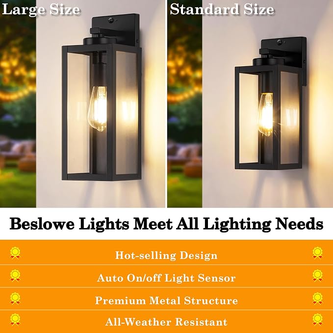 15" Large Upgraded Motion Sensor Outdoor Wall Lights, Matte Black | 3 Lighting Modes, Rust-Resistant, Quick & Easy Installation, Waterproof & Weatherproof, Thick Clear Glass & Durable Metal