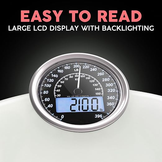 Hybrid Bathroom Scale - Analog & Digital Display, Accurate to 400 lbs | See weight on both an analog dial and digital LCD at once. Wide glass platform, accurate to 0.2 lbs, batteries included.