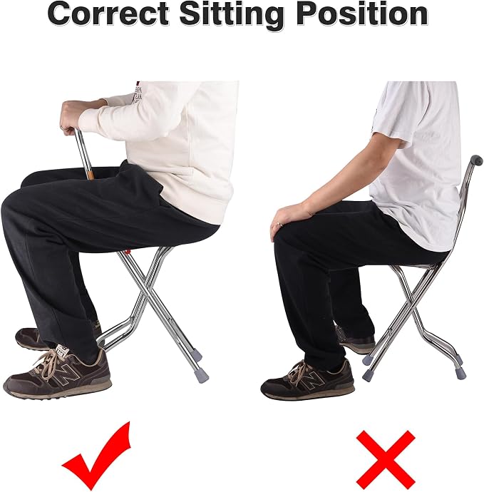 Folding Walking Stick with Seat, Stable Cane Chairs for Adults Eldely, Four Legged Portable Cane Seat Stool for Travel Hiking Waiting