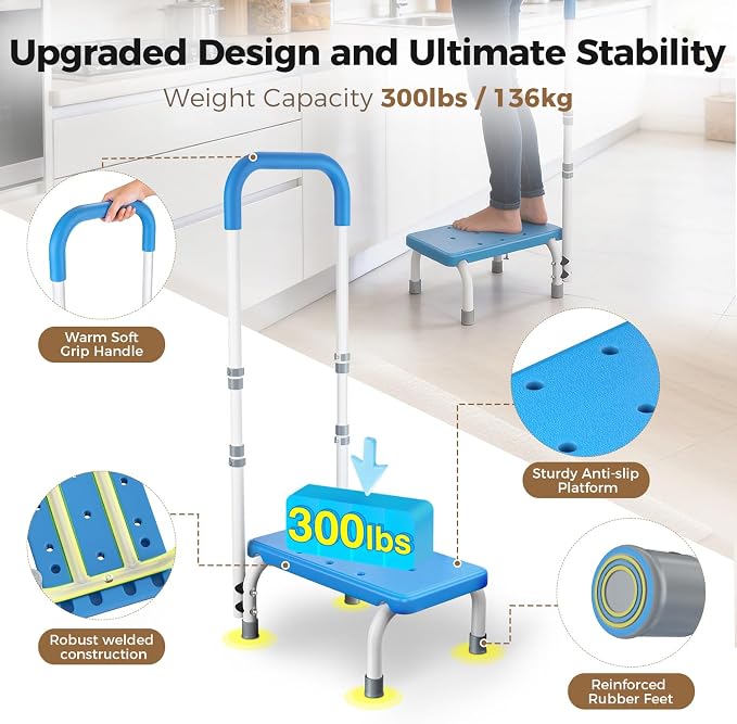 FORTEMOTUS Medical Step Stool with Handle for Elderly - Sturdy Lightweight Step Stool for Bedside for Adults, Non-Skid Rubber Platform Stepping Stool, Safely Supports up to 330 Pounds,Blue