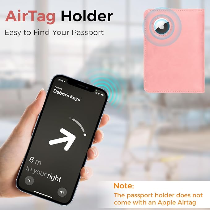 Passport Holder Travel Women Men, Passport Wallet with Airtag Slot, Pink | RFID Blocking PU Leather Passport Holder Cover Case with Card Holder, Pen Slot