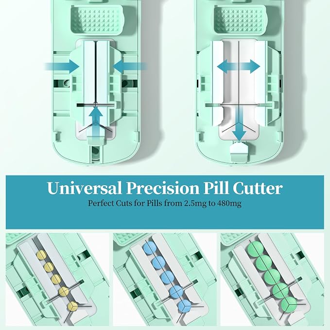 Daviky Pill Cutter Splitter for Small & Tiny Pills, Dual Safety Blades, Adjustable Centering Slot, Precise 1/2 1/3 1/4 Tablet Cutter, Built-in Storage, Portable & Senior-Friendly（Green）
