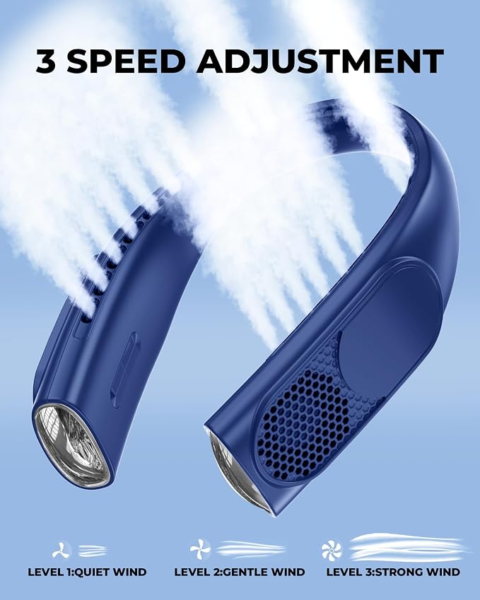 Portable Neck Fans that Blow Cold Air, Wearable Bladeless Neck Fan, Rechargeable 360°Personal Fan Neck Cooler, 3-Speed, LED Display, 4000mAh, Type-C Port, For Travel, Birthday Gift for Women-Blue