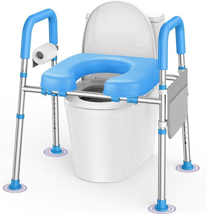 KEKOY Toilet Seat Risers for Seniors, Adjustable Height Width, Fits Most Users | Padded Elevated with Handles, Tool Free Install, Fits Most Round Elongated Toilets for Handicap,Ideal for Bathroom, Blue