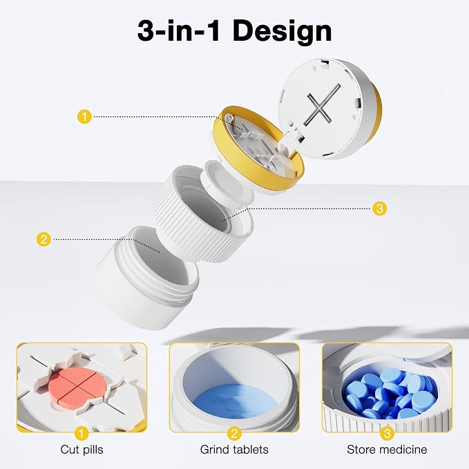Sukuos Pill Cutter, Adjustable 1/4 and 1/2 Splitter for Cutting Multiple Pills, Press-to-Cut Small & Large Tablets with Pill Crusher and Storage Compartment &Sharp Stainless Blade, Orange