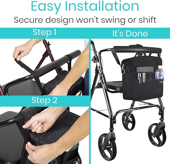 Vive Wheelchair Bag - Machine Washable, Double-Stitched, Water-Resistant Accessory Backpack for Rollators, Wheel Chairs, Walkers - Pouch with XL Pockets & Straps for Quick Installation