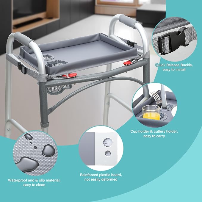 Detachable Walker Tray with Cup Holder, Rolling Folding Walker Accessory for Elderly, Gray Without Pockets with Baffles