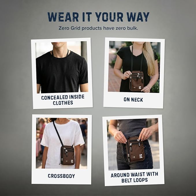 Zero Grid RFID Travel Neck Wallet, Large Passport Holder, Brown | Slim & Concealable Travel Pouch for Men & Women; Holds Phone, Cash, Cards, Keys, Waterproof; 4 compartments; Adjustable Strap