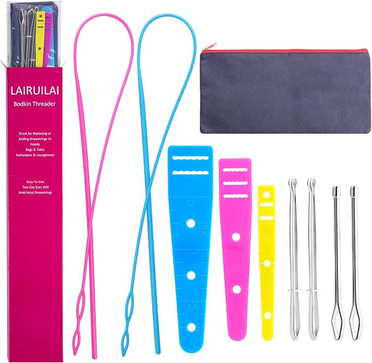 10 Pieces Bodkin Threader Drawstring Threader Set | 2 Flexible Plastic Drawstring Threader, 2 Stainless Steel Sewing Loop Turner Hook, 2 Metal Tweezers, 3 Flat Plastic Threader
