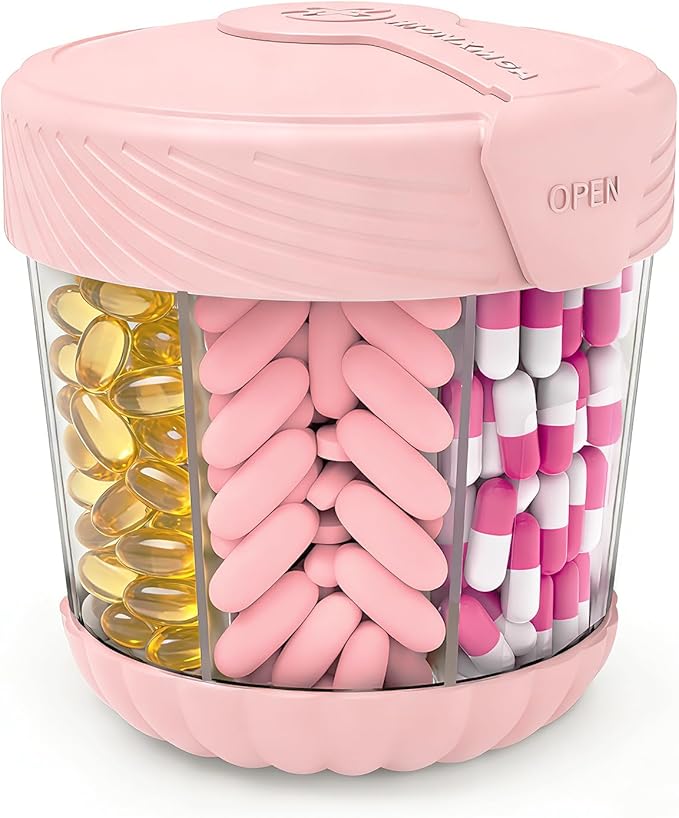 Cute Pill Dispenser with 7 Large Compartments, Portable Pill Bottle Organizer with Wide Opening for Travel, Anti-Mixing Pill Container, Shatterproof BPA-Free, Includes 20 Pcs Labels, Pink